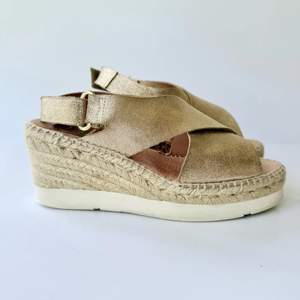 Kanna Gold Metallic Nubuck Suede Crossover Platform Wedge Espadrille Sandal 8